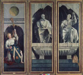 Engel præsenterer St. Stephen og St. James the Greater med Jacques Coënes våben, abbed af Marchiennes, fra Polyptych of St. Stephen og St. James the Greater, ca. 1541