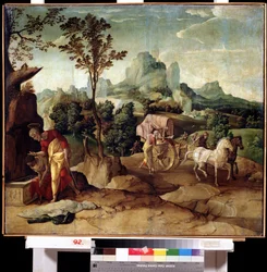 Dåb (Dåben). Sankt Filips diakon bekendtgør troen til en eunuk af dronningen af ​​Etiopien og døber ham. Maleri af Jan van Scorel (1495-1562). Olie på træ, 73 x 82 cm. Hollandsk kunst, renæssance. Far Eastern Museum, Khabarovsk.