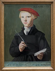 Portræt af en ung skoledreng. maleri af Jan Van Scorel (1495-1562), olie på træ