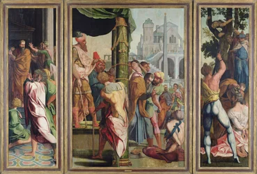 Prædiken, arrestation og martyrdom af den hellige Jakob den Store, fra polyptykken af Sankt Stefan og Jakob den Store, ca. 1541