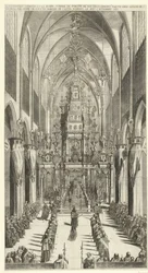 Lijkdienst voor Filips IV te Bruxelles, 1665 Det brændende kapel og begravelsesoptoget af Philippe IIIe roy des Espaignes lavet i kirken Ste. Gudule i rækkefølge af s. overskydende. markisen af ​​Castel Rodrigo den 4. og 5. november 1665 (titel på objektet