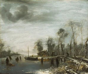 Et vinterlandskab med skatere og colf-spillere på en frossen vandvej, 1653