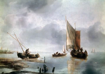 Et lille fartøj i let luft, og et andet i land, ca 1650-1660, af Jan van de Cappelle (1624-ca 1679), olie på lærred, 34, 8x48