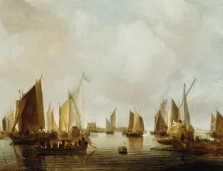 Hollandsk: Skibe i en flodmunding En havn