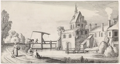 Figurer ved en vindebro til en landsby med et kirketårn Playsante landskaber og sjove ansigter (serietitel)