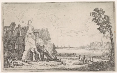 Figurer ved et faldefærdigt hus ved en flod Flodlandskaber (serietitel)