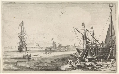 Havnehoved med fiskere, der hiver deres garn ind Seascapes (serietitel)