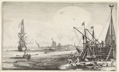 Havnehoved med fiskere, der trækker deres garn ind Seascapes (serietitel)