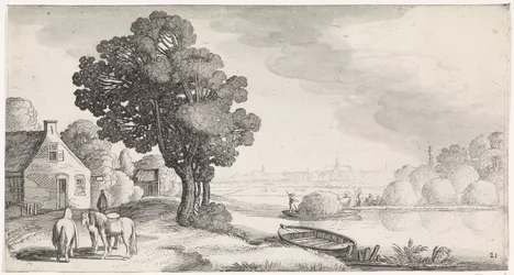 Høtransport på en flod med Haarlem i det fjerne Playsante landskaber og sjove ansigter (serietitel)