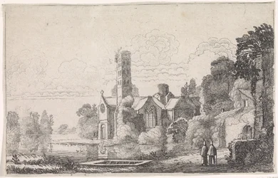 To munke ved et kloster i et flodlandskab Flodlandskaber (serietitel)