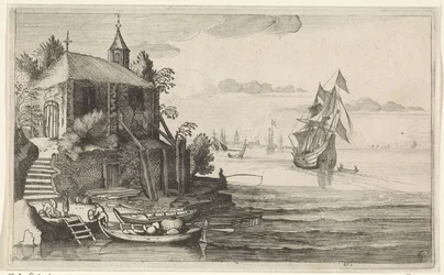 To-mester ved en kyst med et kapel Seascapes (serietitel)