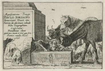Dyr ved et springvand Titeltryk af en serie af tryk, der forestiller dyr Dyr (serietitel) Zoographiam (serietitel på objekt)