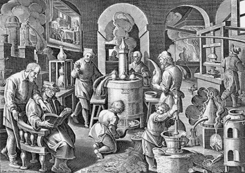 Destillation.: I ild bliver saften af ​​alle, kunst, krop, vand levende, klar og kraftfuld. 1500-tals gravering af Jan van der Straet, på de forskellige stadier af destillation.
