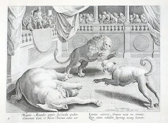 Alexander den Store sætter et skue op, en løve, en hund og en elefant kamp, illustration fra 