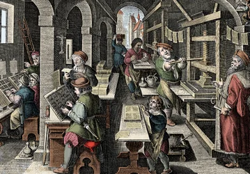 Trykkeri, c1600 - Holland, Trykning: til venstre bruger tegnene tegn, de forskellige stadier af forberedelsen af trykningen overvåges af en mestertrykker - Gravering fra "Nova Reperta" af Giovanni Stradano (Jan Van Der Straet) (Johanne)