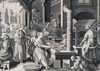 Vermis sericus, kvinder, der spinder silke og opvarmer silkeorme i brand, gravering af Stradanus (1523-1605), Italien
