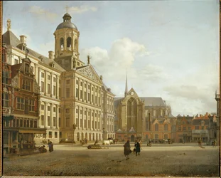 Dam Street og det nye rådhus i Amsterdam, Holland ...