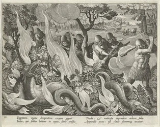 At fange slanger i Indien ved hjælp af køller og fakler til at tænde underskoven, tallerken 44 fra pubben Venationes Ferarum, Avium, Piscium (Of Hunting: Wild Beasts, Birds, Fish). 1640