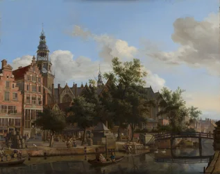 Udsigt over Oudezijds Voorburgwal med Oude Kerk i Amsterdam