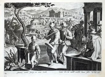 Fuglefangere på vej ud for at fange solsorte, illustration fra "Venationes, Ferarum, Avium, Piscium" (Om jagt: vilde dyr, fugle, fisk), graveret af Jan Collaert (1566-1628), udgivet af Phillipus Gall.