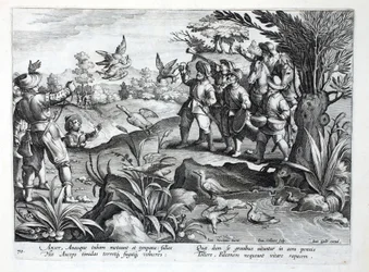 Jægere, der bruger falke til at jage gæs, illustration fra 