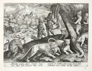 Indianere skyder løver med pile, som har fanget aber i munden, illustration fra 