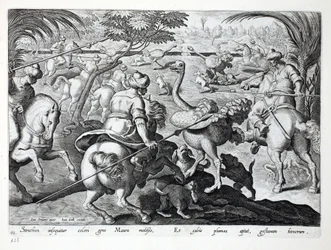 Maurere til hest på strudsejagt, tavle 62, illustration fra »Venationes, Ferarum, Avium, Piscium« (Om jagt: vilde dyr, fugle, fisk), graveret af Jan Collaert (1566-1628), udgivet ved Phillipus