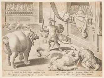 En romersk soldat, der kæmper mod en af ​​Hannibals elefanter, pl. 7 i serien Game, Birds and Fish