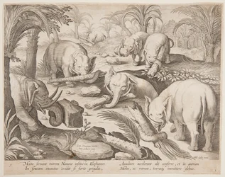 Elefanter holder hinanden ud af en fælde, tallerken 1 fra Game of Animals, Birds and Fish-serien