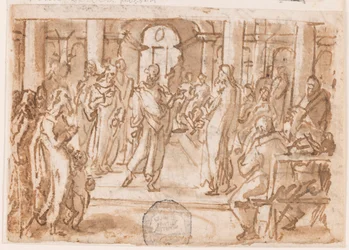 Peter og John Adspurgt af det høje råd, foreløbigt design til "Spiritus Scientiae" (Videnskabens ånd), plade 5 i printserien "Seven Gifts of the Holy Spirit"