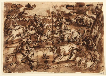 Recto: Tyrejagt med lassos; Verso, ovenfor: Bjørnejagt af Men in Armor; Verso, nedenfor: Jagt aber ved bedrag; alle foreløbige designs til Venationes-serien