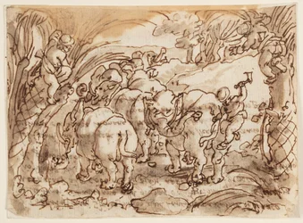 Recto: Elefanter jaget af troglodytter [hulemænd]; Verso: inskription vedrørende Plinius den Ældres naturhistorie, bog 8, kap. 8