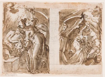 Rekto: To visninger af Judith, der dræber Holofernes; Bagside: Springvand i Fiesole