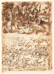 Recto, ovenfor: Diana og Actaeon; Recto, nedenfor: Ornejagt; Verso, ovenfor: undersøgelser af to mandlige hoveder; Verso, nedenfor: Møde mellem Anna og Joachim ved Den Gyldne Port, Kristus-barnets omskæring