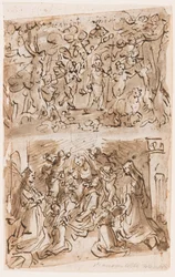 Recto, ovenfor: Unge St. Johannes Døberen guidet af Engle i ørkenen; Recto, nedenfor: Sacra Conversazione med Sts. Barbara og Catherine; Verso, ovenfor: Cruxifiction; Verso, nedenfor: Kristus helbreder lammede nær Bethesda-dammen