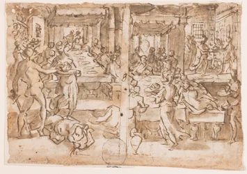 Recto, højre: Halshugning af Johannes Døberen, Recto, venstre: Salome fik hovedet af Johannes Døberen af bødlen, design til pl.10 i Johannes Døberens liv. Verso: Alfons krop Piccolomini (1551 - 1591), Sienese Outlaw Hung i