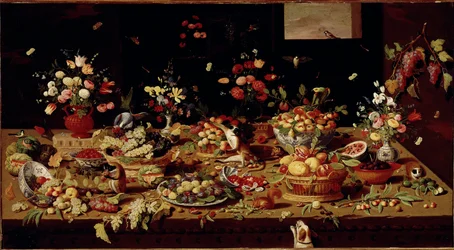 Stilleben med frugt og blomster Bord med fade med figner, blommer, granatæbler, vindruer, ferskner. Kobbermaleri af Jan Van Kessel (1626-1679) Galleria Doria Pamphilj, Rom - Stilleben af blomster, frugter og dyr, af Jan Van Kessel (1626-79).