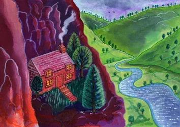 Hus i bjergene,2002, (blæk og gouache)