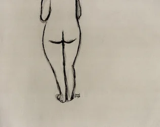 Kvindefigur med ansigtet vendt bort, ca. 2025 (kul på papir)