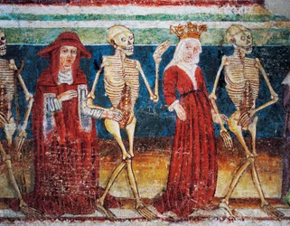 Hrastovlje befæstede kirke, Trinity Church, Døden ledsager dronning og kardinal, Dødedansen (1490), detaljer fra fresker af Janez Iz Kastva, Slovenien