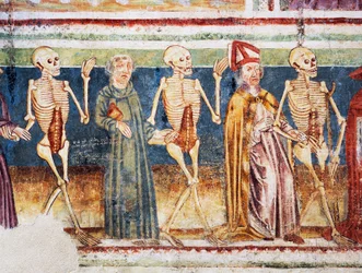 Hrastovlje befæstede kirke, Treenighedskirken, Døden, der ledsager biskop og munk, Dødedansen (1490), detaljer fra fresker af Janez Iz Kastva, Slovenien