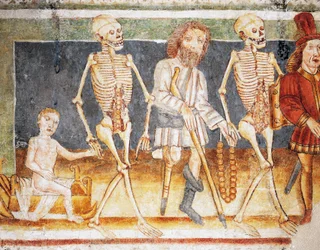 Hrastovlje befæstede kirke, Treenighedskirken, Døden, der ledsager barn og fattige, Dødedansen (1490), detaljer fra fresker af Janez Iz Kastva (1490), Slovenien