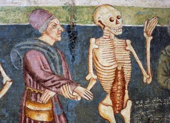 Hrastovlje befæstede kirke, Treenighedskirken, Dødens ledsagende læge, Dødedansen (1490), detaljer fra fresker af Janez Iz Kastva, Slovenien