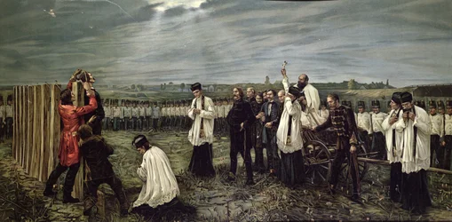 Østrigernes henrettelse af ungarske officerer i Arad, Ungarn den 6. oktober 1849, 1893 (chromolitho)