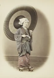 Japansk kvinde med paraply (håndfarvet sort/hvid foto)