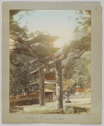 Pagoda ved Tōshō-gū, Nikko, Japan (håndfarvet sort/hvid foto)