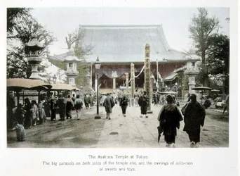 Asakusa-templet i Tokyo, ca. 1880 (håndkoloreret albumenprint på kort)