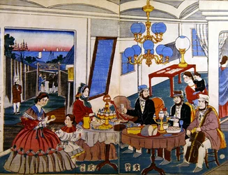 Amerikansk eller europæisk familie i Japan, ca. 1860 (farvetræsnit)