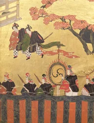 Detalje fra en firebladsskærm, der forestiller to hoffolk iført kazaritachi og soldater, Tosa School, Edo Period (farver, blæk, gofun og guld på papir)