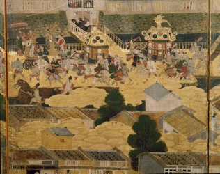 Detalje af Views In and Around Kyoto (Rakuchu rakugai zu), ca. 1616-24 (blæk, farve og bladguld på papir)